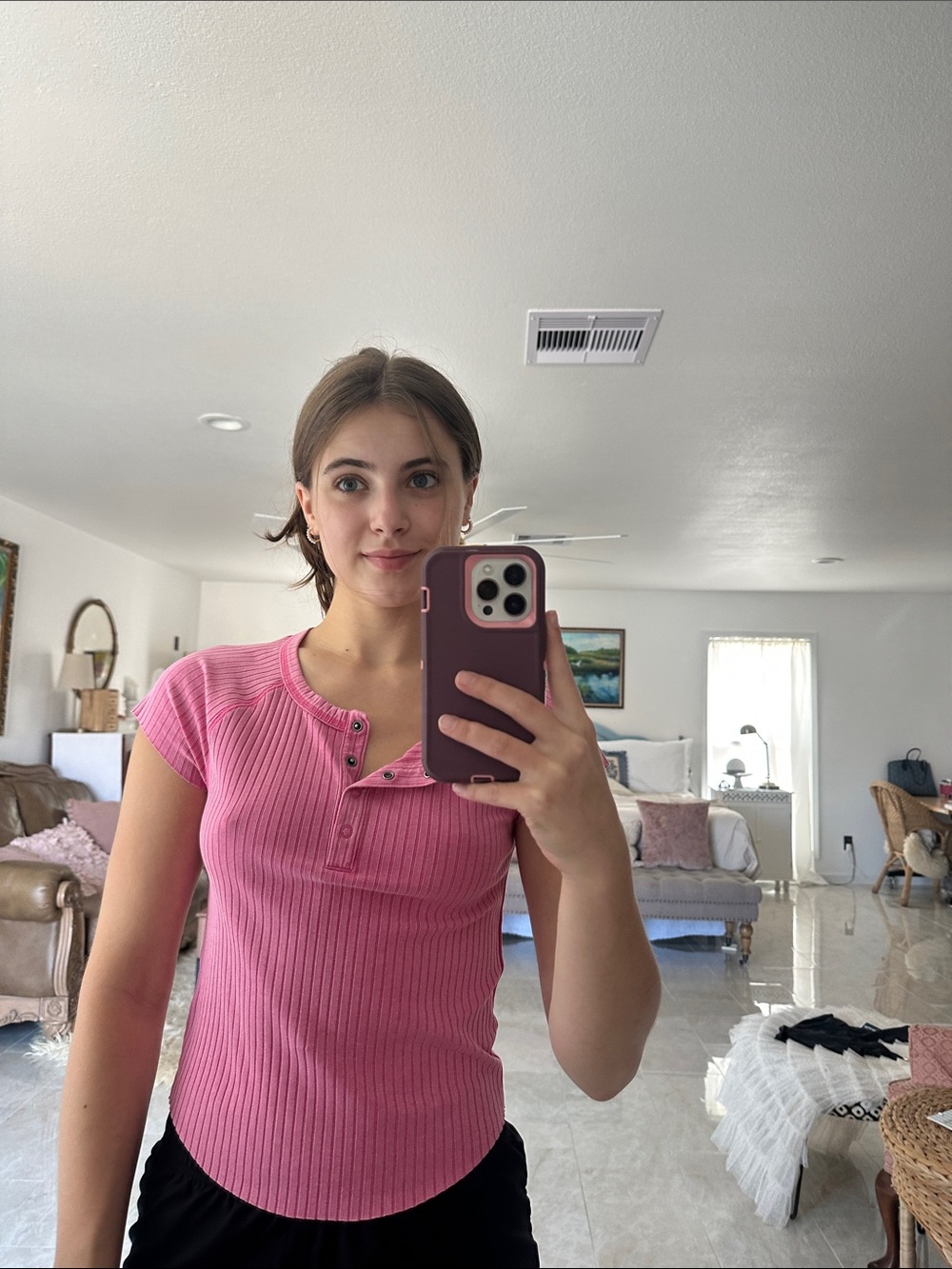 American Eagle Outfitters Pink Ribbed Henley Tee